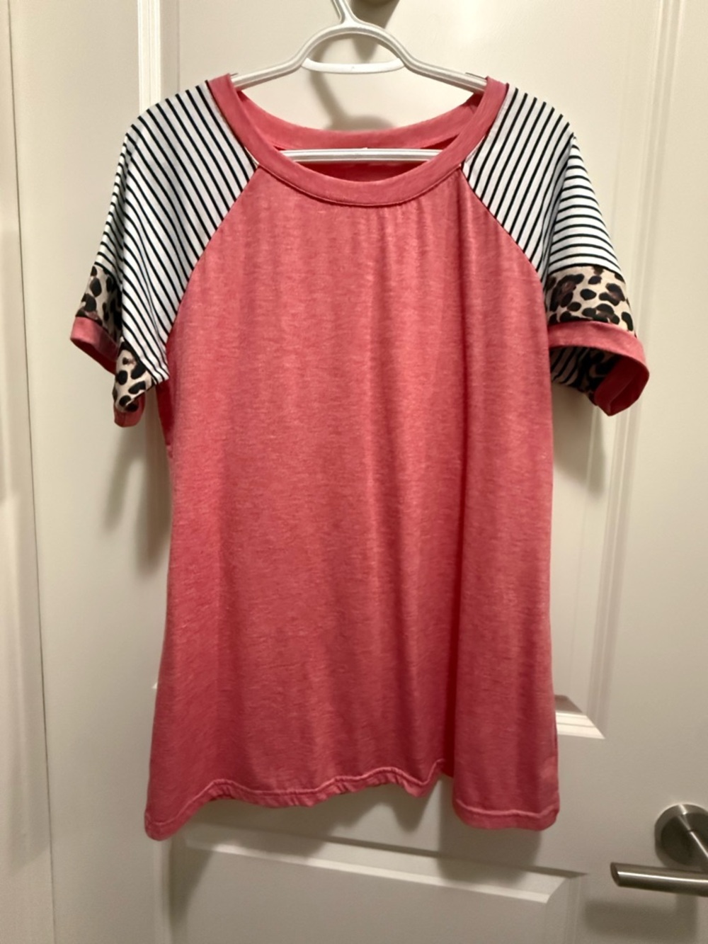 Women’s Short Sleeve Raglan Tee in Coral with Stripe & Leopard Sleeves